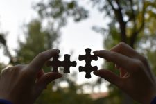 Puzzle pieces held by two hands